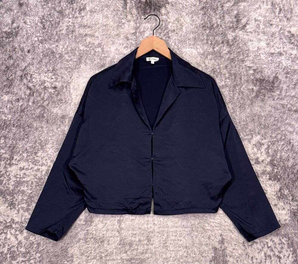 Lilysilk Top Small Womens 100% Mulberry Silk Navy Blue Clasp Front Shirt